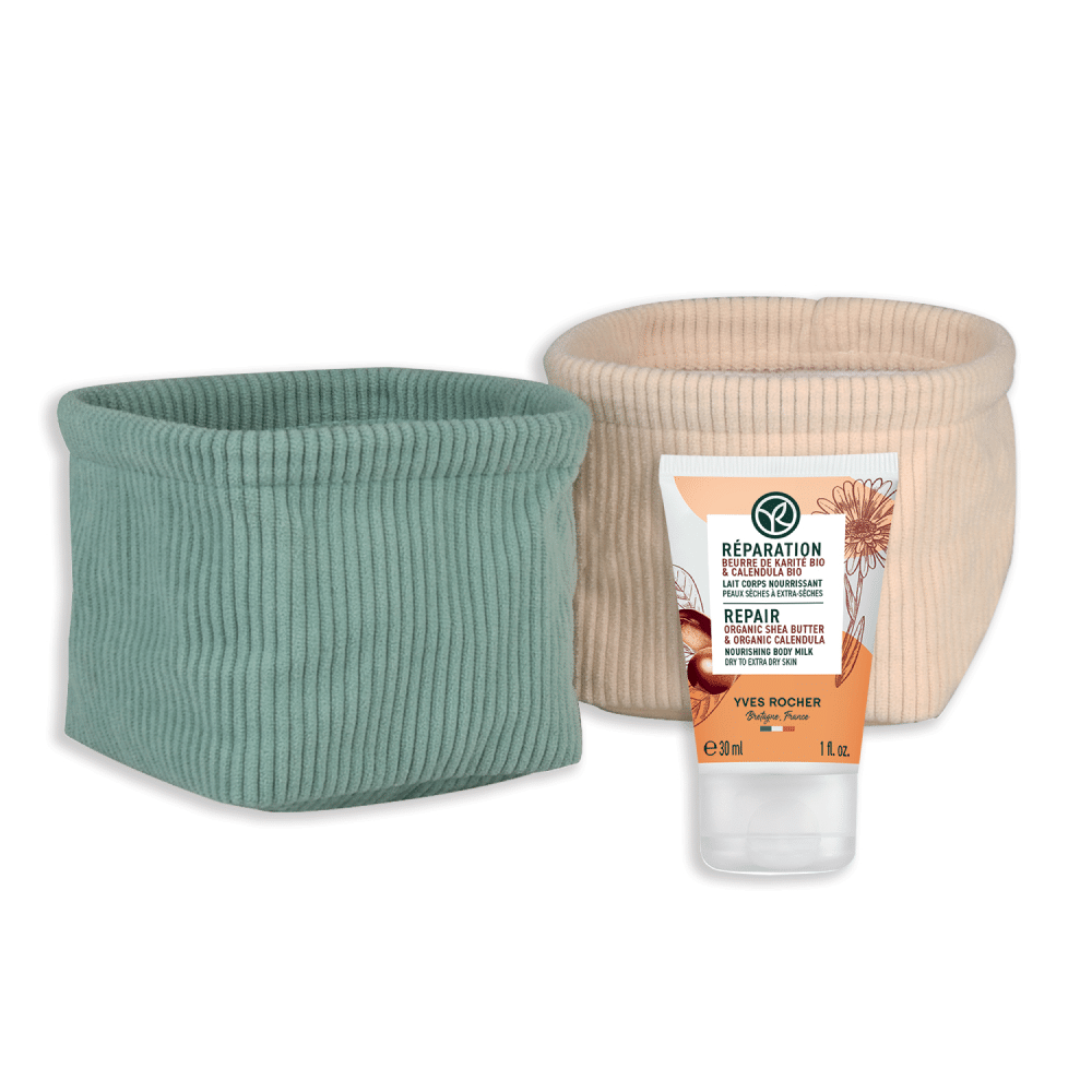 Yves Rocher Lotion pour le corps et deux paniers en velours côtelé